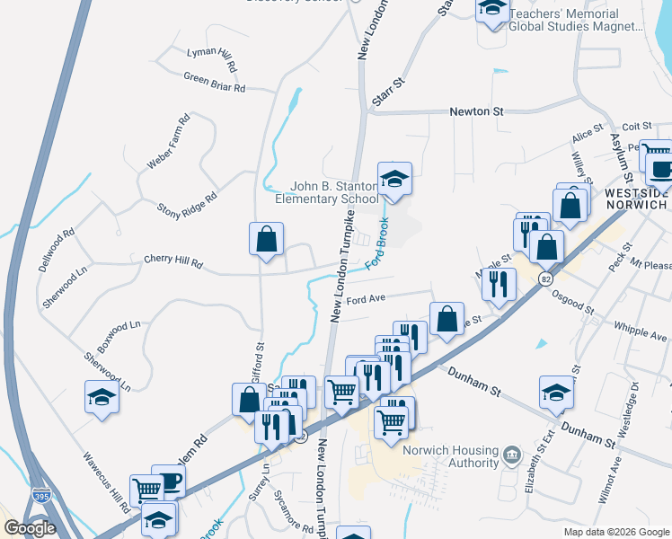 map of restaurants, bars, coffee shops, grocery stores, and more near 2 Glenwood Avenue in Norwich