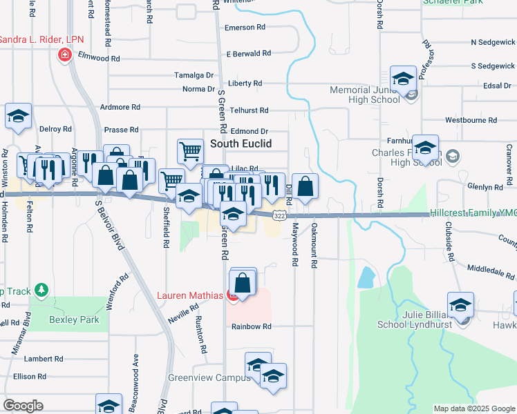 map of restaurants, bars, coffee shops, grocery stores, and more near 4507 U.S. 322 in South Euclid