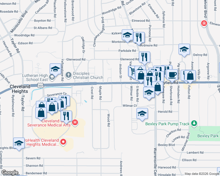 map of restaurants, bars, coffee shops, grocery stores, and more near 1468 Parkhill Road in Cleveland Heights