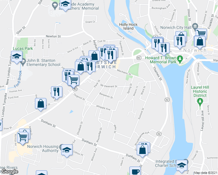 map of restaurants, bars, coffee shops, grocery stores, and more near 5 Kilmer Avenue in Norwich