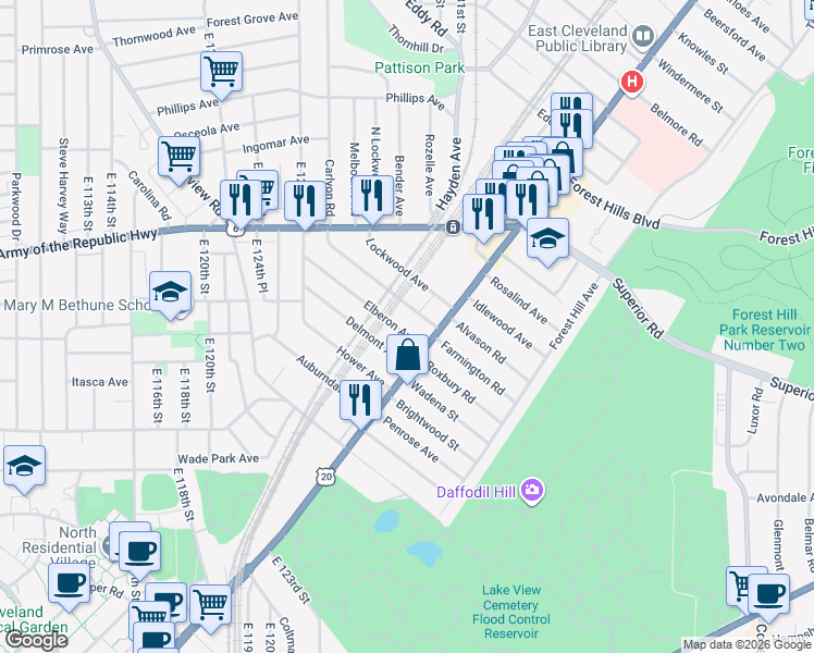 map of restaurants, bars, coffee shops, grocery stores, and more near 1777 Elberon Avenue in East Cleveland