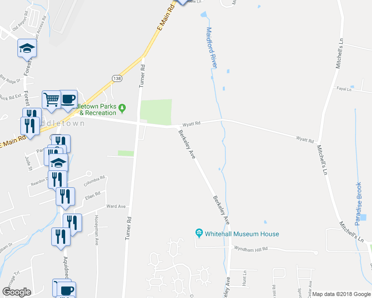 map of restaurants, bars, coffee shops, grocery stores, and more near 53 Berkeley Avenue in Middletown