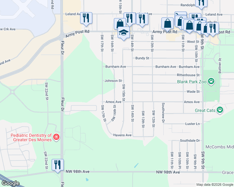 map of restaurants, bars, coffee shops, grocery stores, and more near 7105 Southwest 16th Street in Des Moines