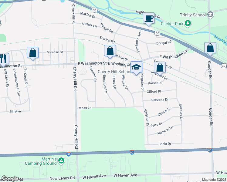 map of restaurants, bars, coffee shops, grocery stores, and more near 325 Essex Ln in New Lenox
