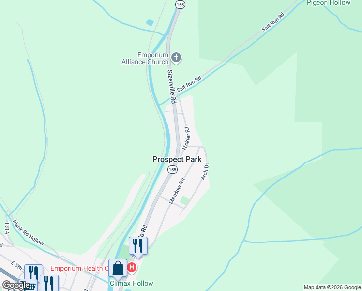 map of restaurants, bars, coffee shops, grocery stores, and more near Sizerville Road in Emporium