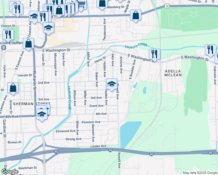 map of restaurants, bars, coffee shops, grocery stores, and more near 703 Whitley Avenue in Joliet