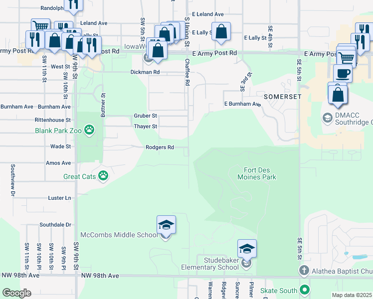 map of restaurants, bars, coffee shops, grocery stores, and more near 6908 Chaffee Road in Des Moines