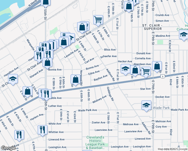 map of restaurants, bars, coffee shops, grocery stores, and more near 1249 East 67th Street in Cleveland