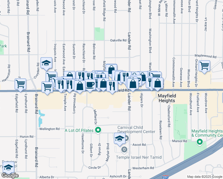 map of restaurants, bars, coffee shops, grocery stores, and more near 5931 Mayfield Road in Mayfield Heights