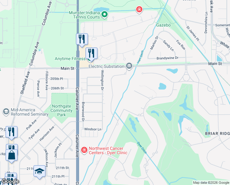 map of restaurants, bars, coffee shops, grocery stores, and more near 631 Shannon Bridge in Dyer