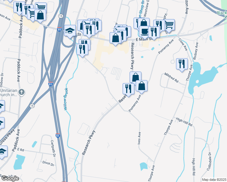 map of restaurants, bars, coffee shops, grocery stores, and more near 250 Pomeroy Avenue in Meriden