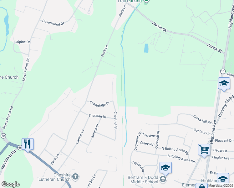 map of restaurants, bars, coffee shops, grocery stores, and more near 425 Chestnut Street in Cheshire