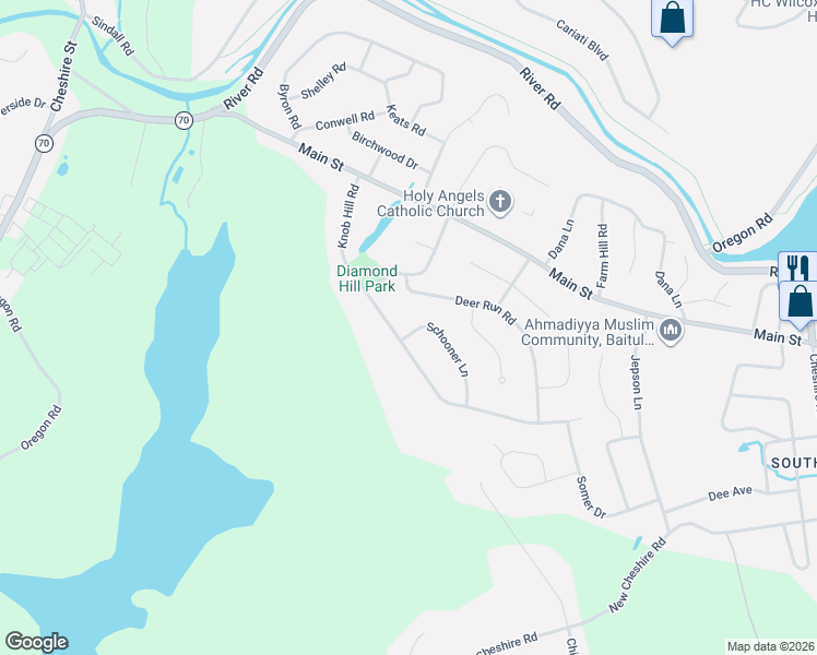 map of restaurants, bars, coffee shops, grocery stores, and more near 12 Schooner Lane in Meriden