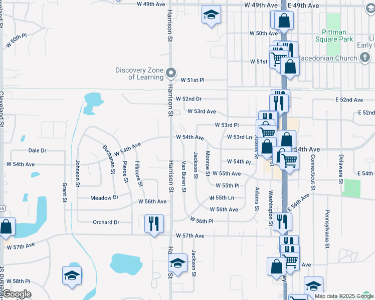 map of restaurants, bars, coffee shops, grocery stores, and more near 5449 Van Buren Street in Merrillville