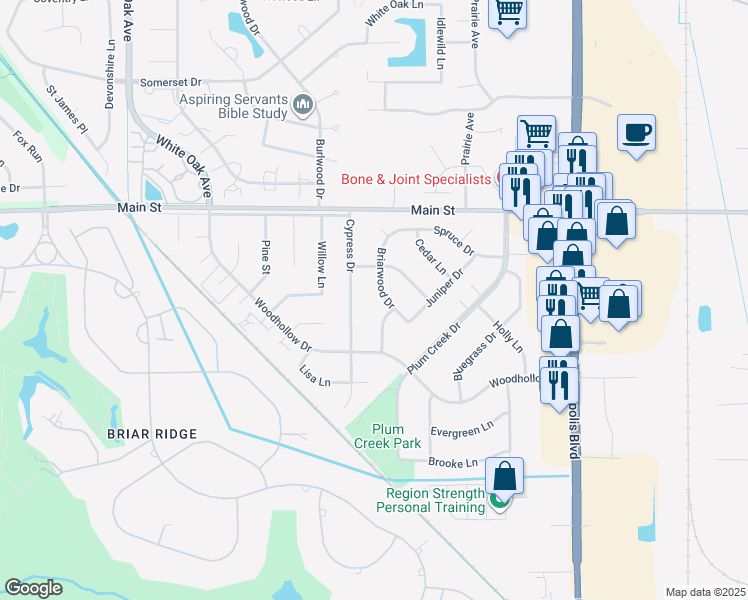 map of restaurants, bars, coffee shops, grocery stores, and more near 134 Briarwood Drive in Schererville
