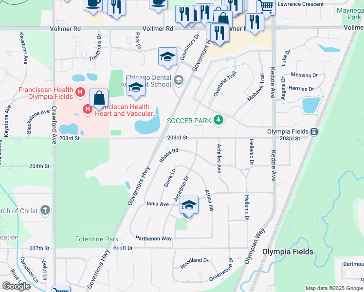 map of restaurants, bars, coffee shops, grocery stores, and more near 3515 Ithaca Road in Olympia Fields