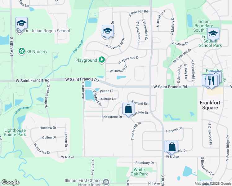 map of restaurants, bars, coffee shops, grocery stores, and more near 8229 Pecan Place in Frankfort