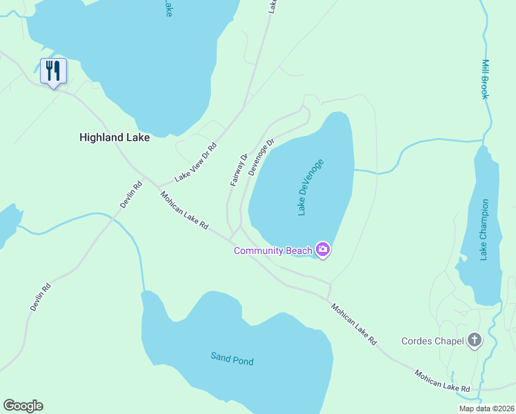 map of restaurants, bars, coffee shops, grocery stores, and more near 42 Devenoge Drive in Highland Lake