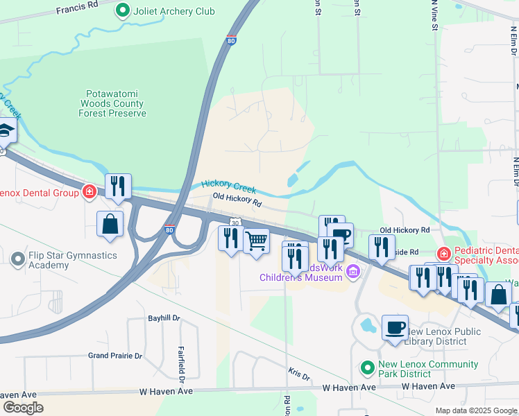 map of restaurants, bars, coffee shops, grocery stores, and more near 514 Old Hickory Road in New Lenox