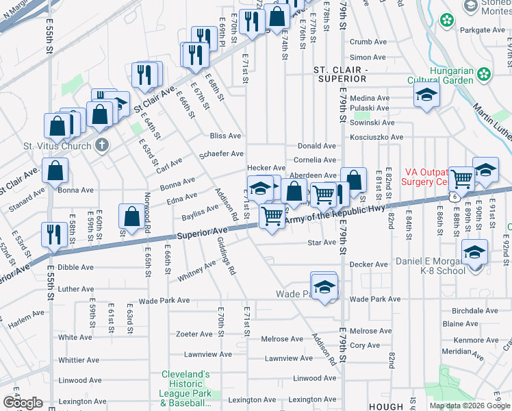 map of restaurants, bars, coffee shops, grocery stores, and more near 7113 Myron Avenue in Cleveland