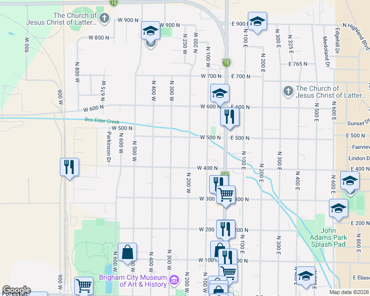 map of restaurants, bars, coffee shops, grocery stores, and more near 453 North 200 East in Brigham City