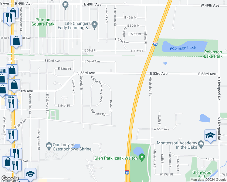 map of restaurants, bars, coffee shops, grocery stores, and more near 5401 Dexter Drive in Merrillville