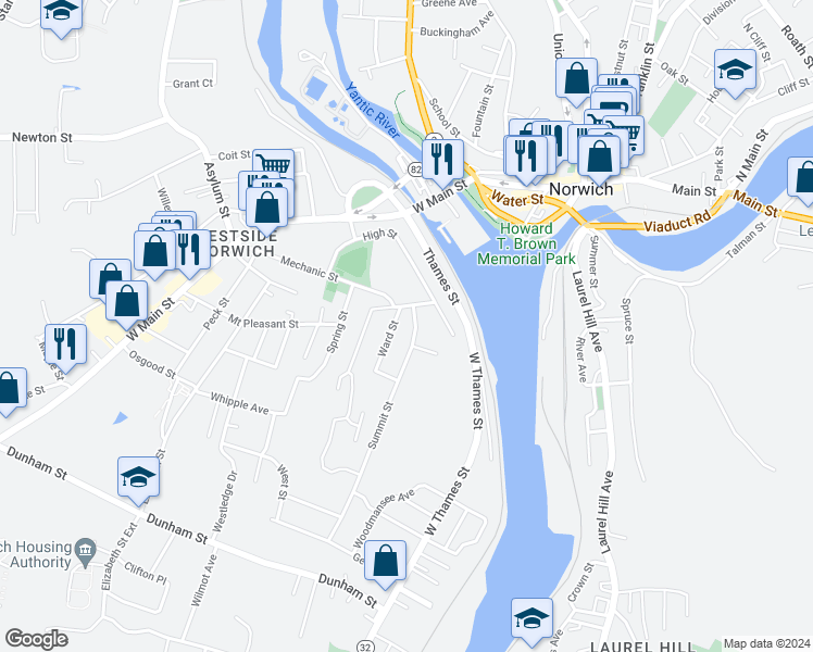 map of restaurants, bars, coffee shops, grocery stores, and more near 69 Summit Street in Norwich
