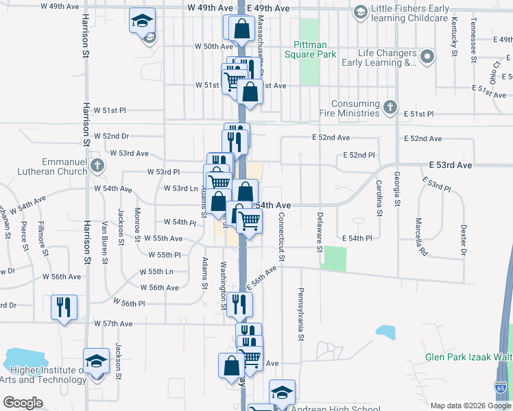 map of restaurants, bars, coffee shops, grocery stores, and more near 5401 Massachusetts Street in Merrillville