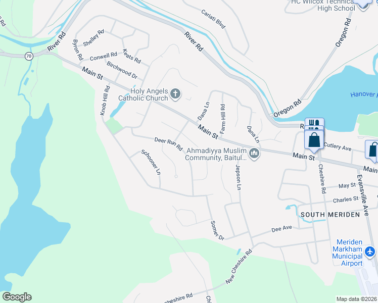 map of restaurants, bars, coffee shops, grocery stores, and more near 153 Deer Run Road in Meriden