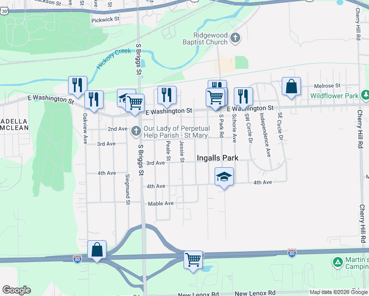 map of restaurants, bars, coffee shops, grocery stores, and more near 211 Jessie Street in Joliet