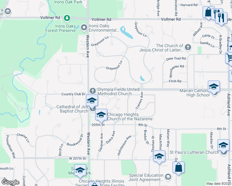 map of restaurants, bars, coffee shops, grocery stores, and more near 706 Wysteria Drive in Olympia Fields