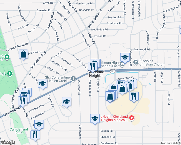 map of restaurants, bars, coffee shops, grocery stores, and more near 3426 Mayfield Road in Cleveland Heights