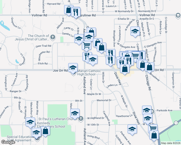map of restaurants, bars, coffee shops, grocery stores, and more near 283 Spruce Lane in Chicago Heights