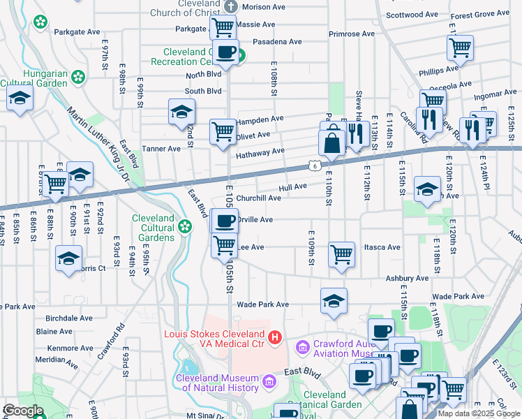 map of restaurants, bars, coffee shops, grocery stores, and more near 10700 Churchill Avenue in Cleveland