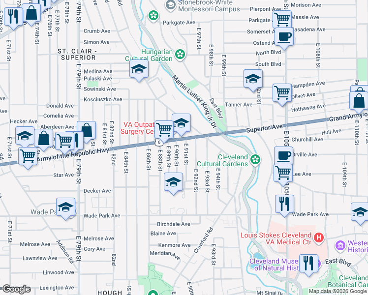 map of restaurants, bars, coffee shops, grocery stores, and more near 1323 East 91st Street in Cleveland