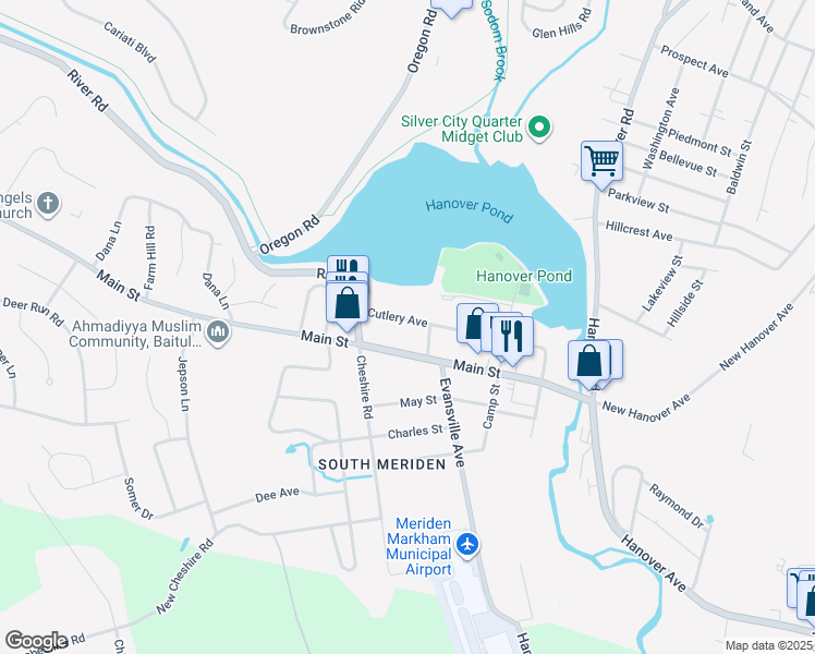 map of restaurants, bars, coffee shops, grocery stores, and more near 154 Cutlery Avenue in Meriden