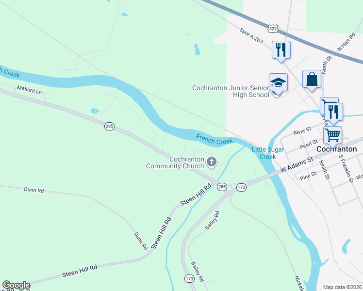 map of restaurants, bars, coffee shops, grocery stores, and more near 4160 Sheehan Lane in Cochranton