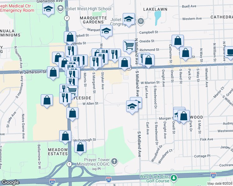 map of restaurants, bars, coffee shops, grocery stores, and more near 1502 Woodbridge Road in Joliet