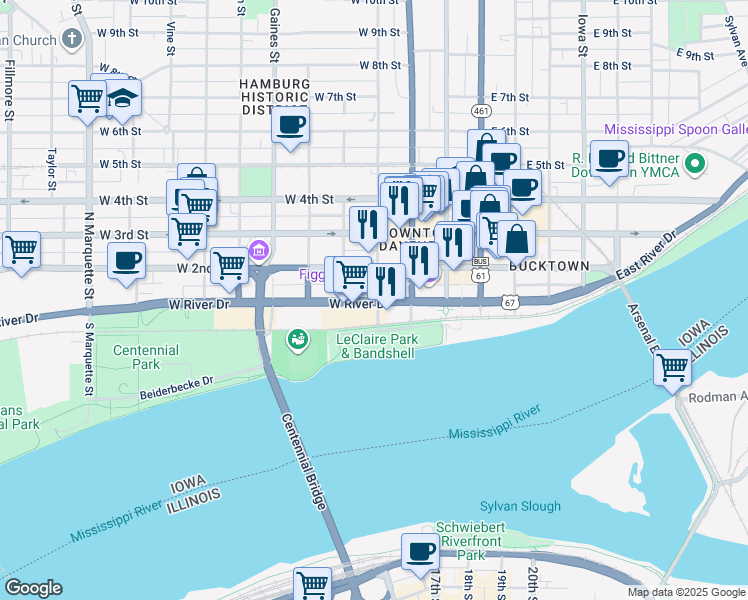 map of restaurants, bars, coffee shops, grocery stores, and more near 420 West River Drive in Davenport