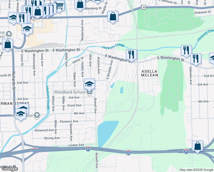 map of restaurants, bars, coffee shops, grocery stores, and more near 208 South Boulder Avenue in Joliet