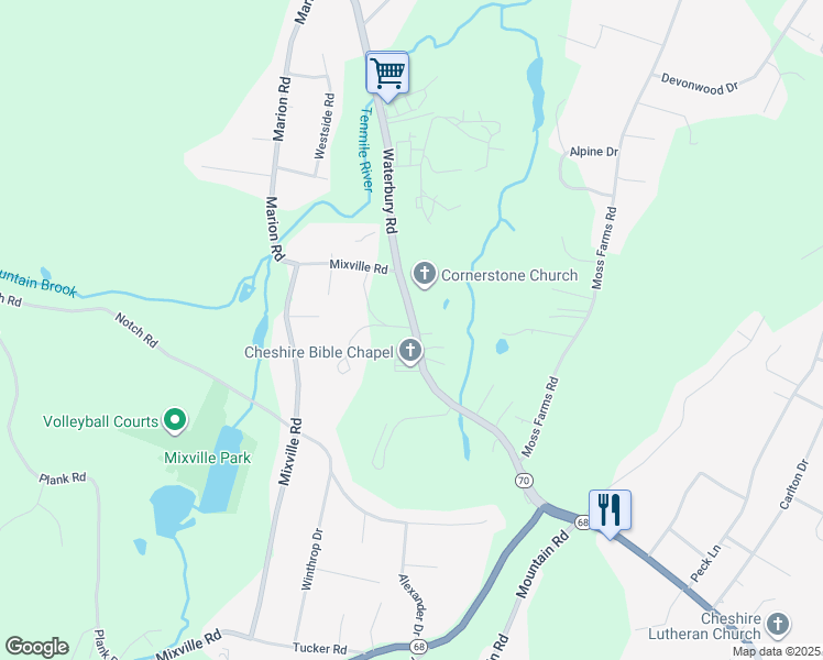 map of restaurants, bars, coffee shops, grocery stores, and more near 1132 Waterbury Road in Cheshire