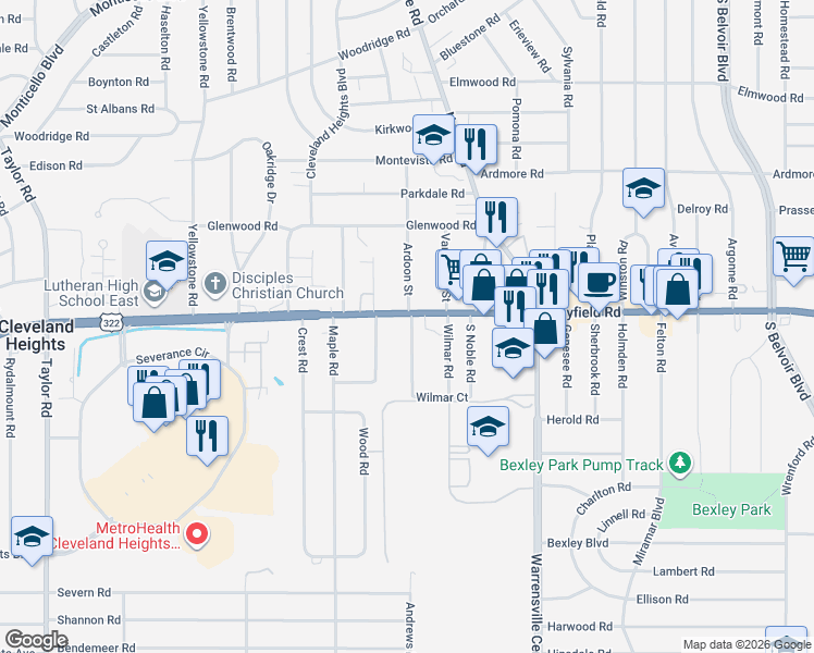 map of restaurants, bars, coffee shops, grocery stores, and more near 1474 Middleton Road in Cleveland Heights