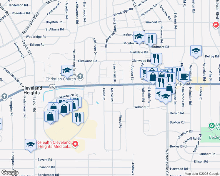 map of restaurants, bars, coffee shops, grocery stores, and more near 1462 Maple Road in Cleveland Heights