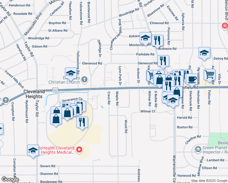 map of restaurants, bars, coffee shops, grocery stores, and more near 1462 Maple Road in Cleveland Heights