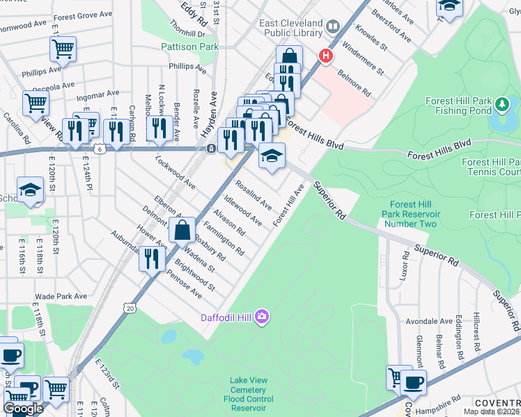 map of restaurants, bars, coffee shops, grocery stores, and more near 1865 Idlewood Avenue in East Cleveland