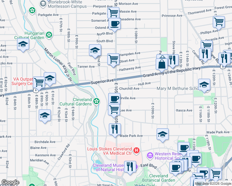 map of restaurants, bars, coffee shops, grocery stores, and more near 1355 East 105th Street in Cleveland