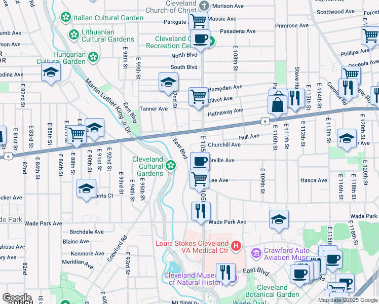 map of restaurants, bars, coffee shops, grocery stores, and more near 1357 East Boulevard in Cleveland