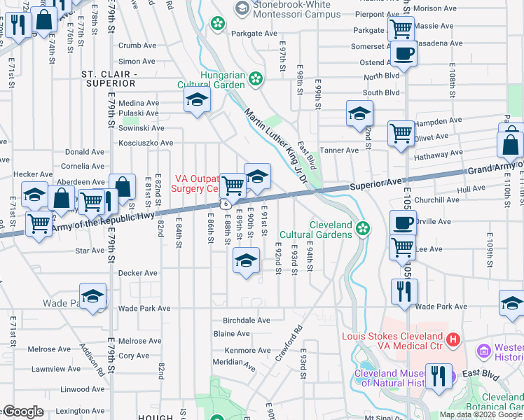 map of restaurants, bars, coffee shops, grocery stores, and more near 1323 East 91st Street in Cleveland