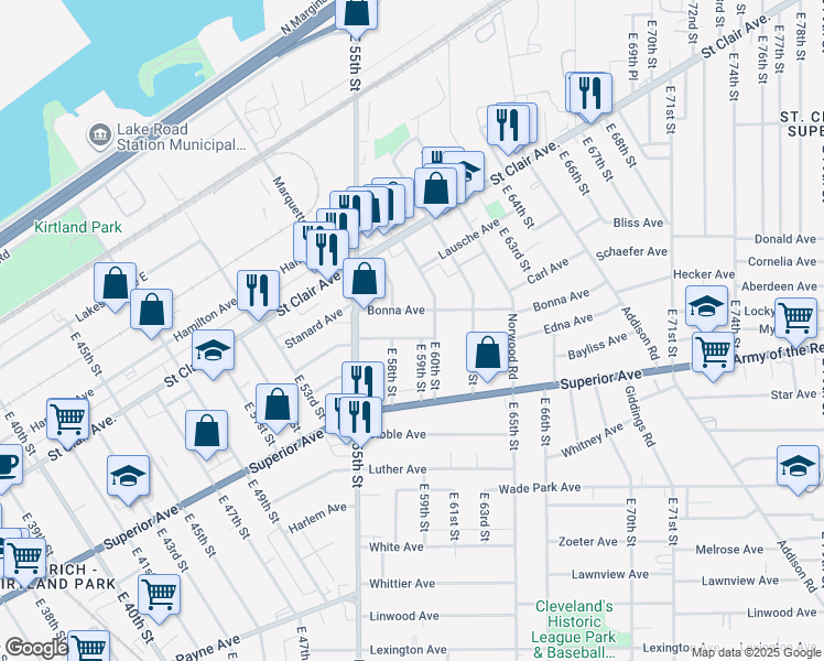 map of restaurants, bars, coffee shops, grocery stores, and more near 59 East 59th Street in Cleveland