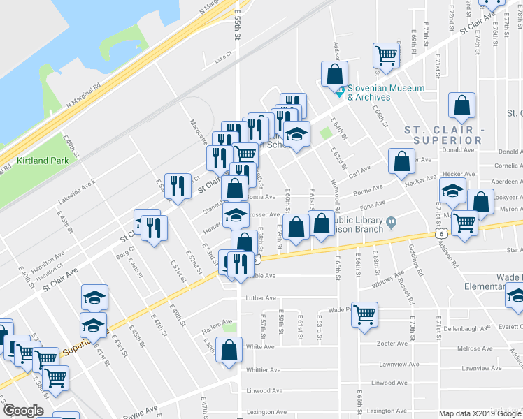 map of restaurants, bars, coffee shops, grocery stores, and more near 5648 Prosser Avenue in Cleveland
